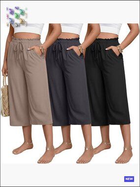 Plus Size High Waisted Wide Leg Cropped Sweatpants with Pockets 3 Pack